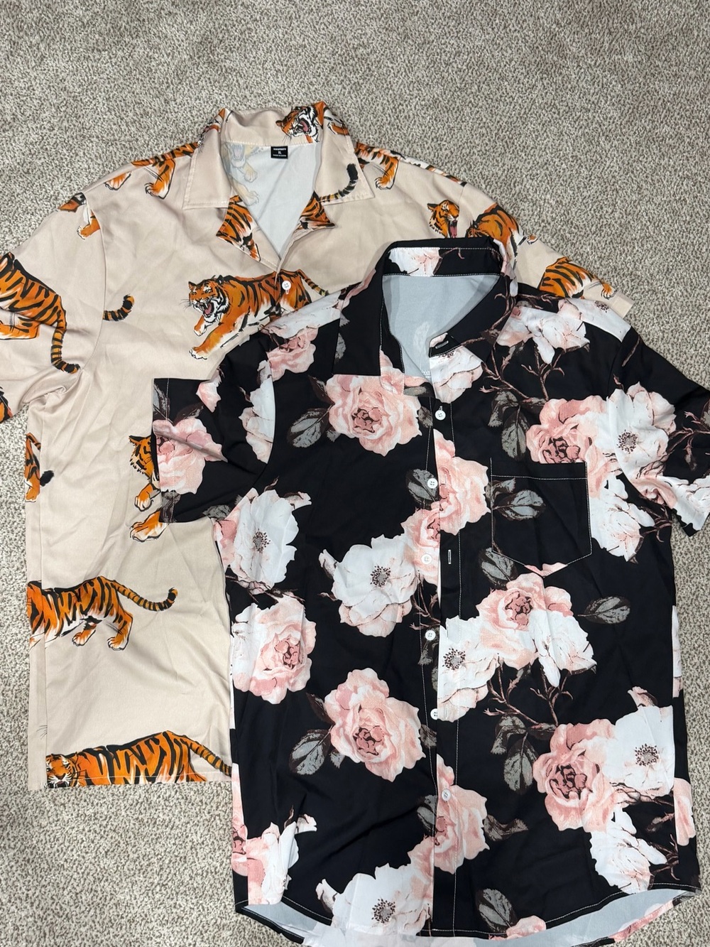 BUNDLE - 2 Men’s Button-Up Shirts - Floral & Tiger Print Short-Sleeve